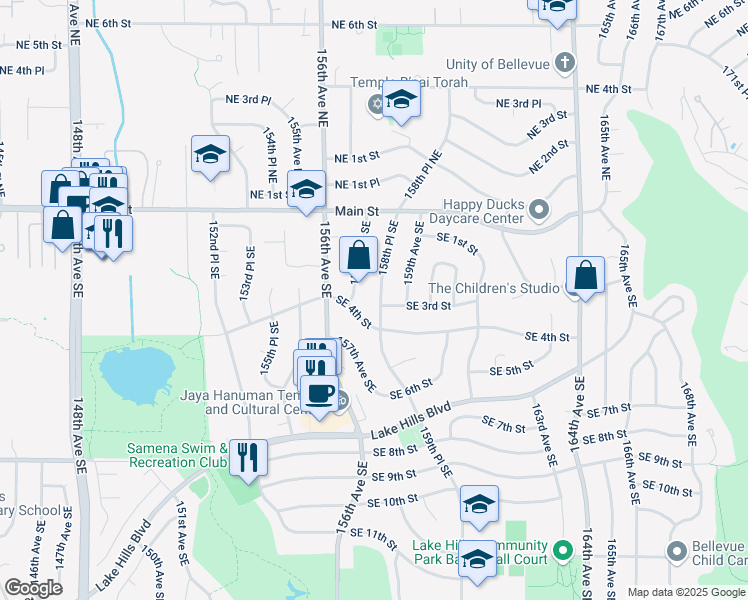 map of restaurants, bars, coffee shops, grocery stores, and more near 95 158th Place Southeast in Bellevue