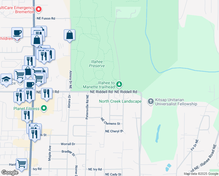 map of restaurants, bars, coffee shops, grocery stores, and more near 2400 Northeast Riddell Road in Bremerton