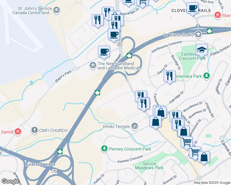 map of restaurants, bars, coffee shops, grocery stores, and more near 16 Harbour View Avenue in St. John's