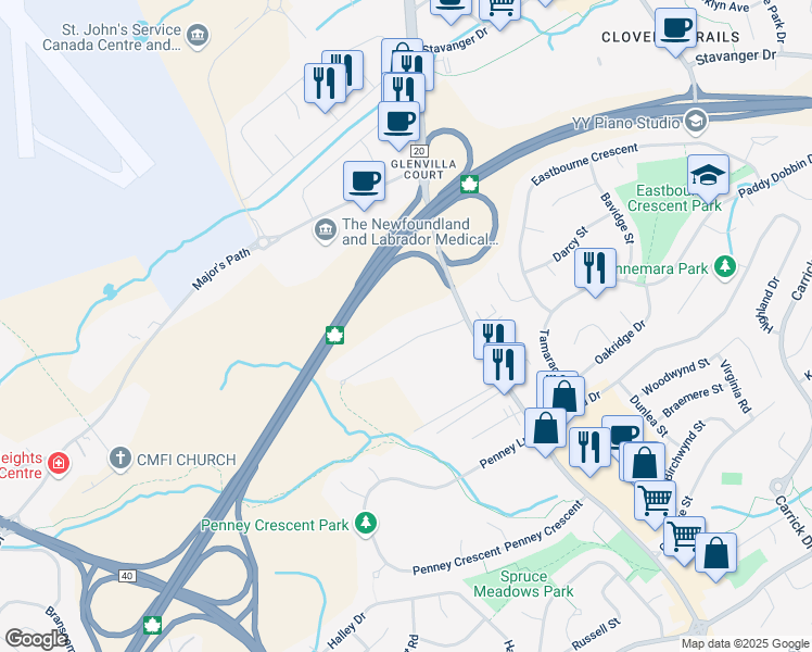 map of restaurants, bars, coffee shops, grocery stores, and more near 16 Harbour View Avenue in St. John's