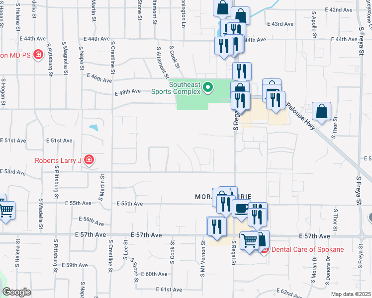 map of restaurants, bars, coffee shops, grocery stores, and more near 5117 South Smith Court in Spokane