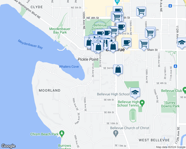 map of restaurants, bars, coffee shops, grocery stores, and more near 330 101st Avenue Southeast in Bellevue