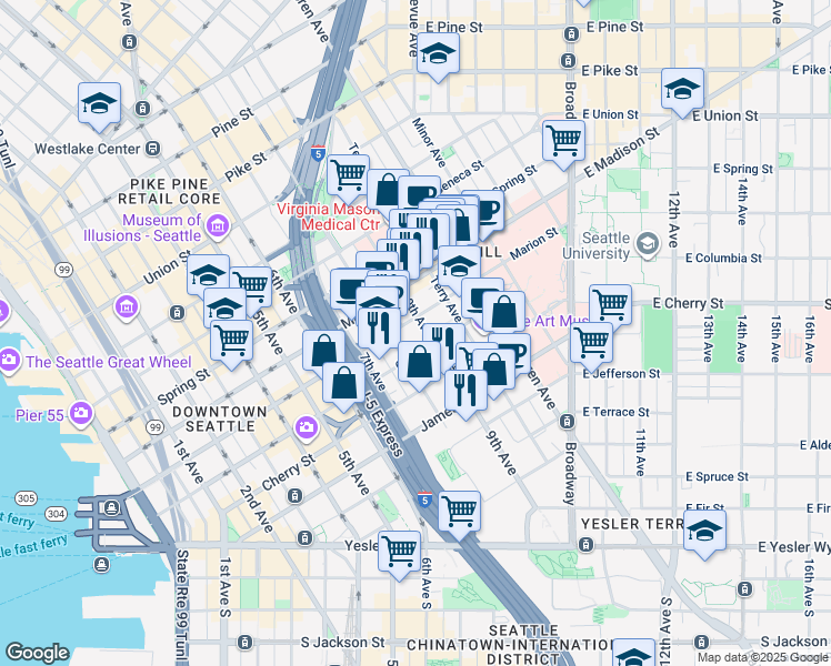 map of restaurants, bars, coffee shops, grocery stores, and more near in Seattle