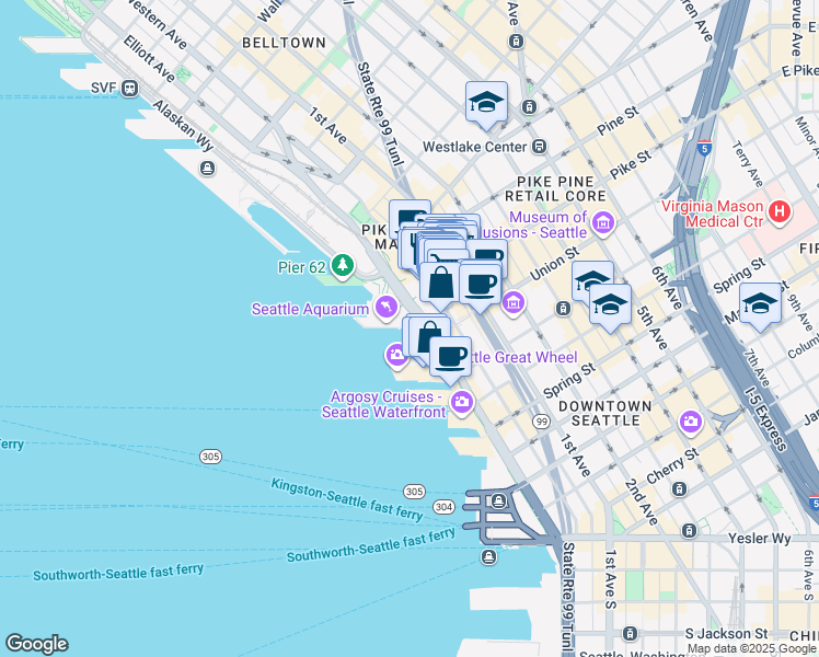 map of restaurants, bars, coffee shops, grocery stores, and more near 1421 Alaskan Way in Seattle