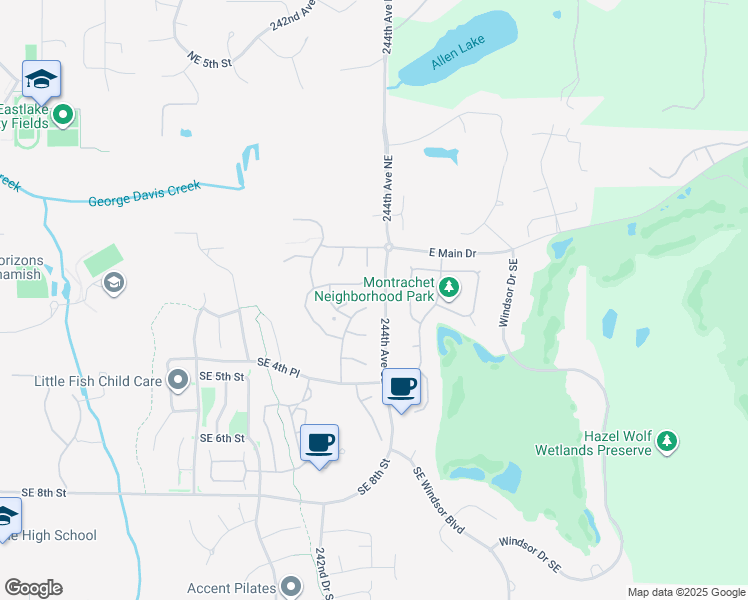 map of restaurants, bars, coffee shops, grocery stores, and more near 203 243rd Avenue Southeast in Sammamish
