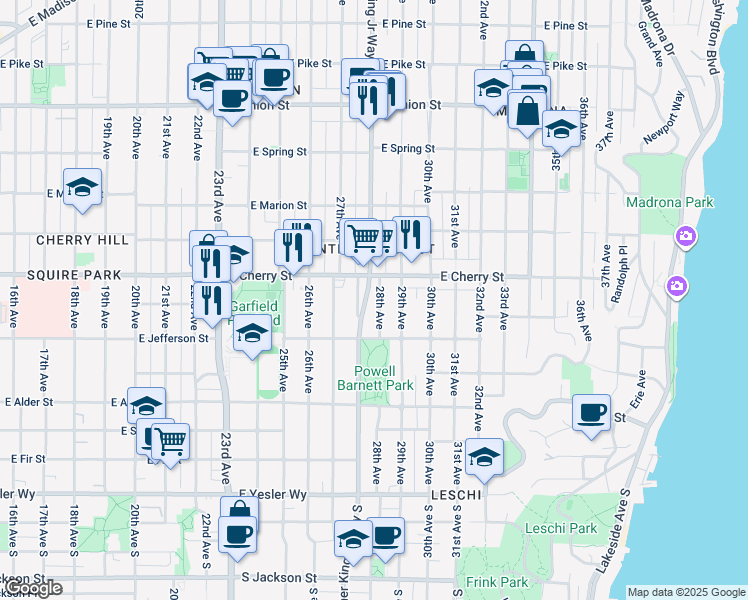 map of restaurants, bars, coffee shops, grocery stores, and more near 523 28th Avenue in Seattle