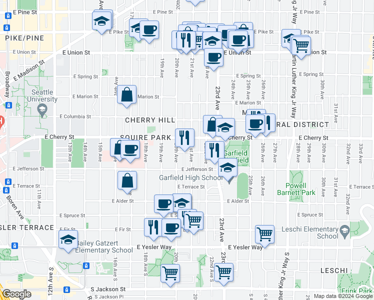 map of restaurants, bars, coffee shops, grocery stores, and more near 601 21st Avenue in Seattle