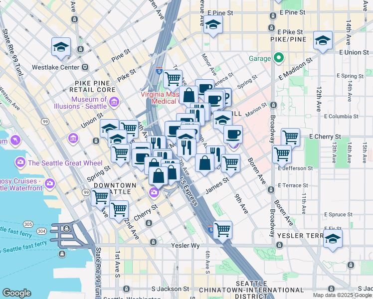 map of restaurants, bars, coffee shops, grocery stores, and more near 751 Marion Street in Seattle