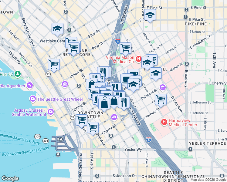 map of restaurants, bars, coffee shops, grocery stores, and more near in Seattle