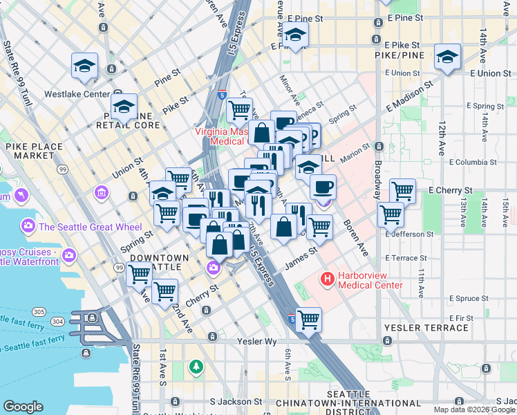 map of restaurants, bars, coffee shops, grocery stores, and more near 751 Marion Street in Seattle