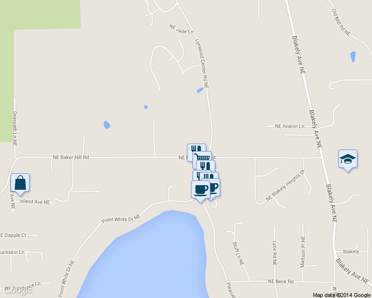 map of restaurants, bars, coffee shops, grocery stores, and more near 7512 Northeast Baker Hill Road in Bainbridge Island