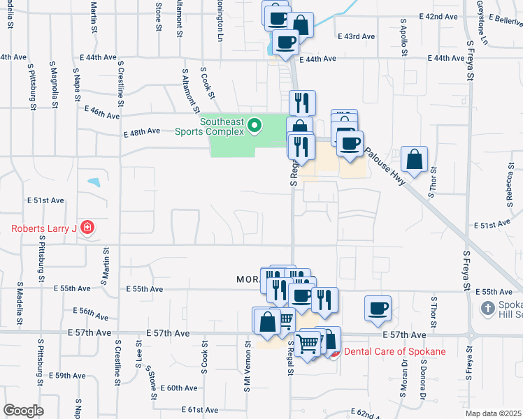 map of restaurants, bars, coffee shops, grocery stores, and more near 2525 East 53rd Avenue in Spokane