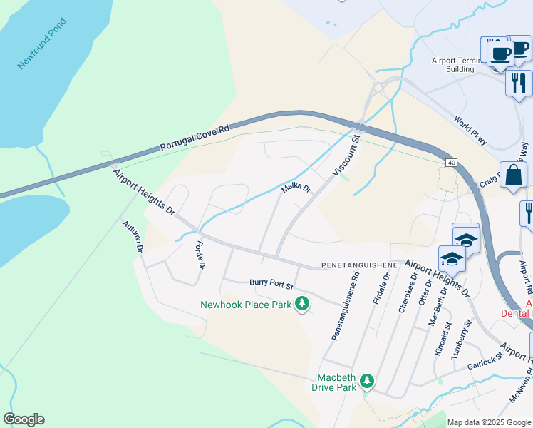 map of restaurants, bars, coffee shops, grocery stores, and more near 25 Malka Drive in St. John's