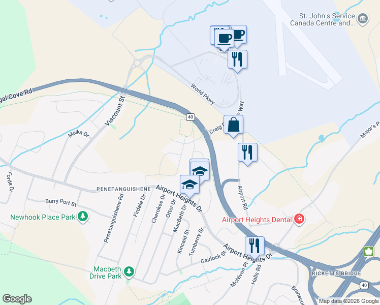 map of restaurants, bars, coffee shops, grocery stores, and more near 8 Caravelle Place in St. John's