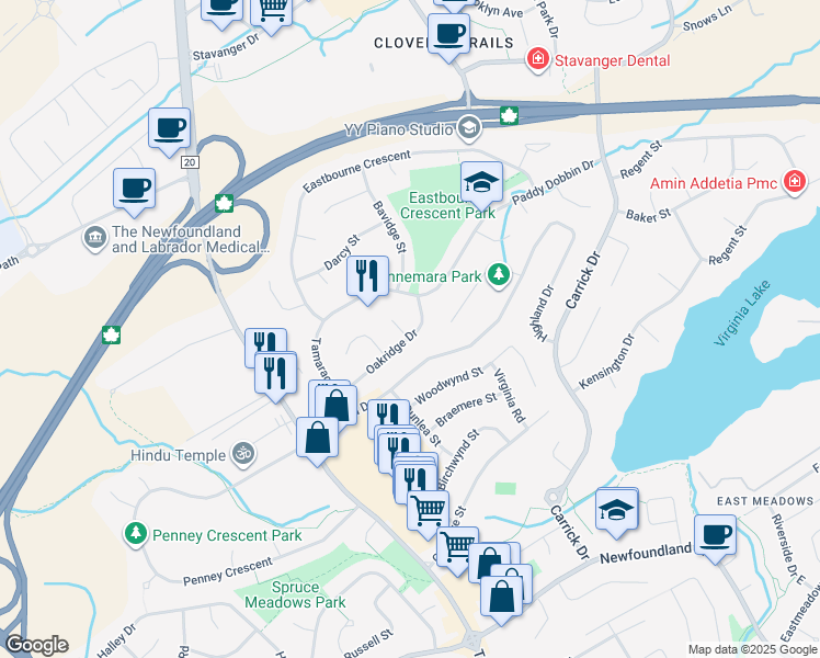 map of restaurants, bars, coffee shops, grocery stores, and more near 2 Heather Place in Saint John's