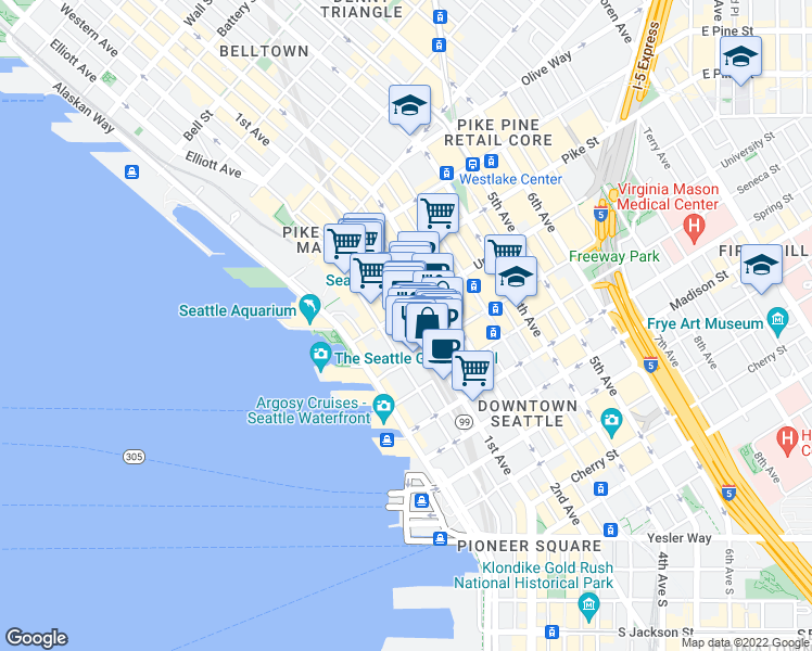 map of restaurants, bars, coffee shops, grocery stores, and more near 1301 1st Avenue in Seattle