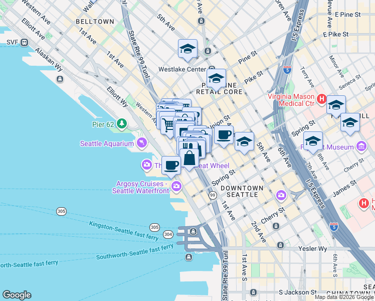 map of restaurants, bars, coffee shops, grocery stores, and more near 99 Union Street in Seattle