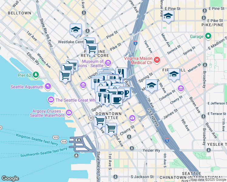 map of restaurants, bars, coffee shops, grocery stores, and more near 1112 4th Avenue in Seattle