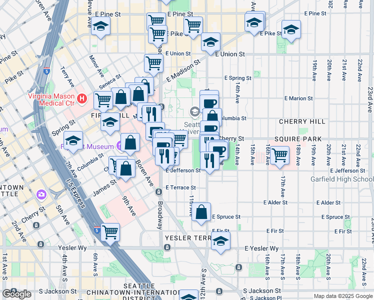 map of restaurants, bars, coffee shops, grocery stores, and more near 1001 East James Way in Seattle