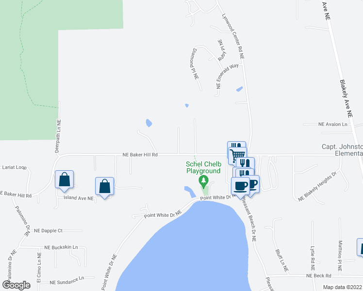 map of restaurants, bars, coffee shops, grocery stores, and more near 7302 Northeast Baker Hill Road in Bainbridge Island