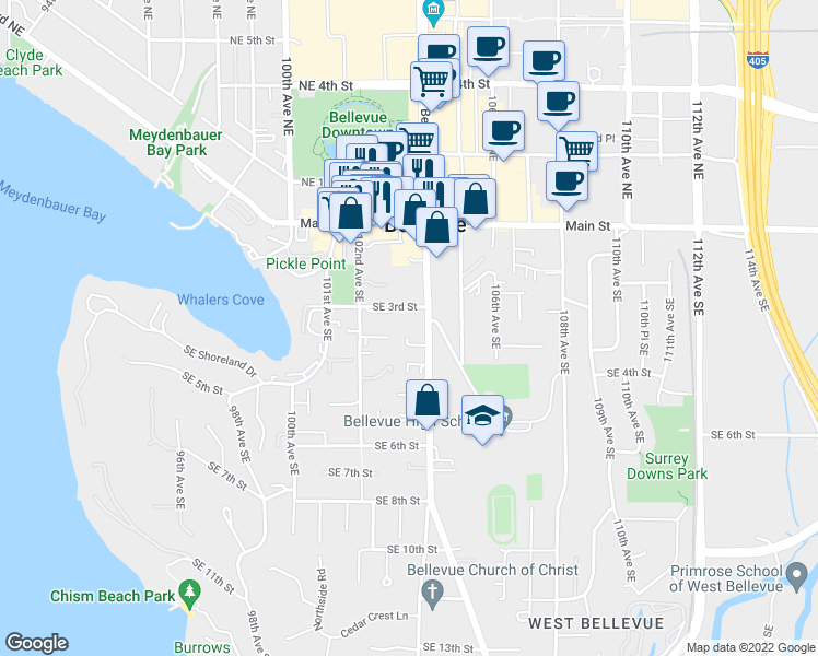 map of restaurants, bars, coffee shops, grocery stores, and more near 321 Bellevue Way Southeast in Bellevue