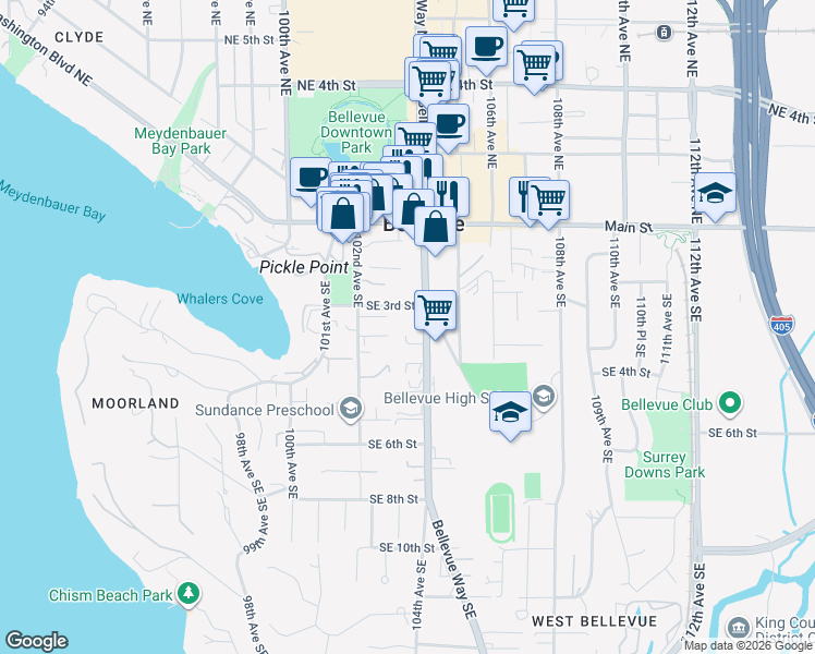 map of restaurants, bars, coffee shops, grocery stores, and more near 321 Bellevue Way Southeast in Bellevue
