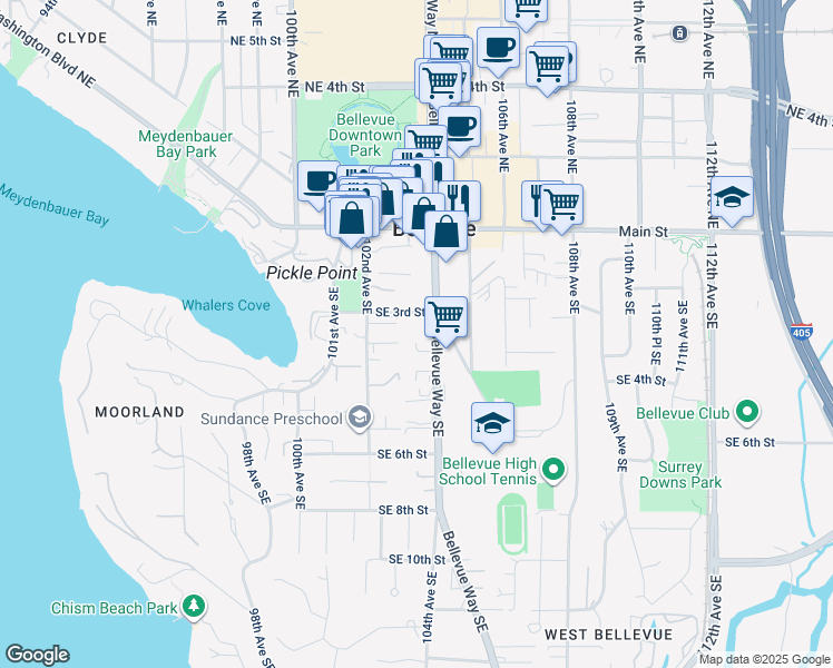map of restaurants, bars, coffee shops, grocery stores, and more near 333 Bellevue Way Southeast in Bellevue