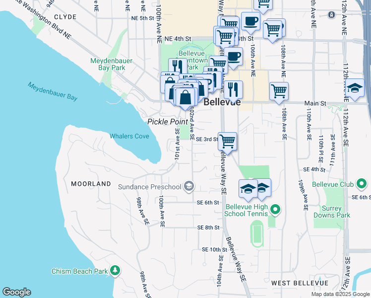 map of restaurants, bars, coffee shops, grocery stores, and more near 330 101st Avenue Southeast in Bellevue