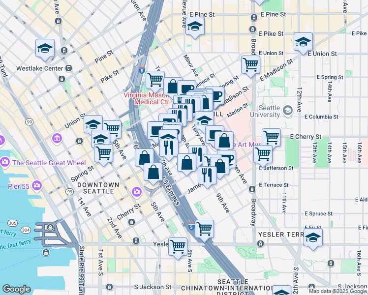 map of restaurants, bars, coffee shops, grocery stores, and more near in Seattle
