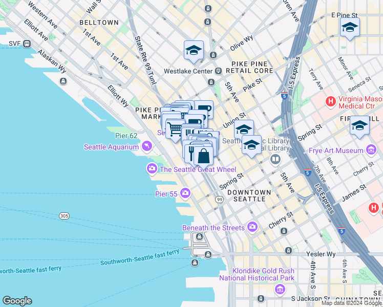 map of restaurants, bars, coffee shops, grocery stores, and more near 1301 1st Avenue in Seattle