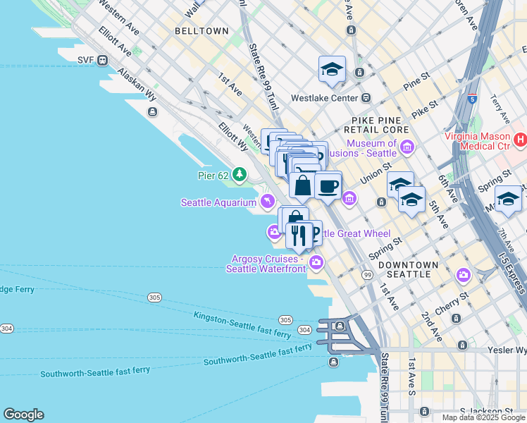 map of restaurants, bars, coffee shops, grocery stores, and more near in Seattle