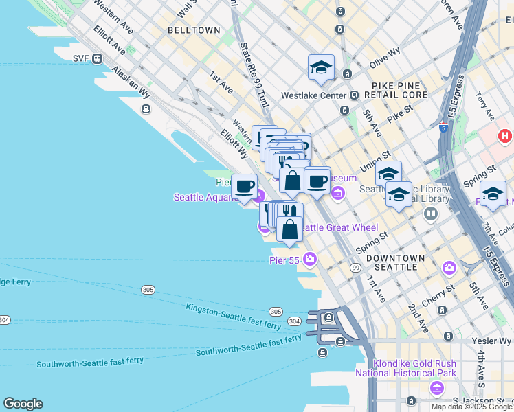 map of restaurants, bars, coffee shops, grocery stores, and more near 1421 Alaskan Way in Seattle