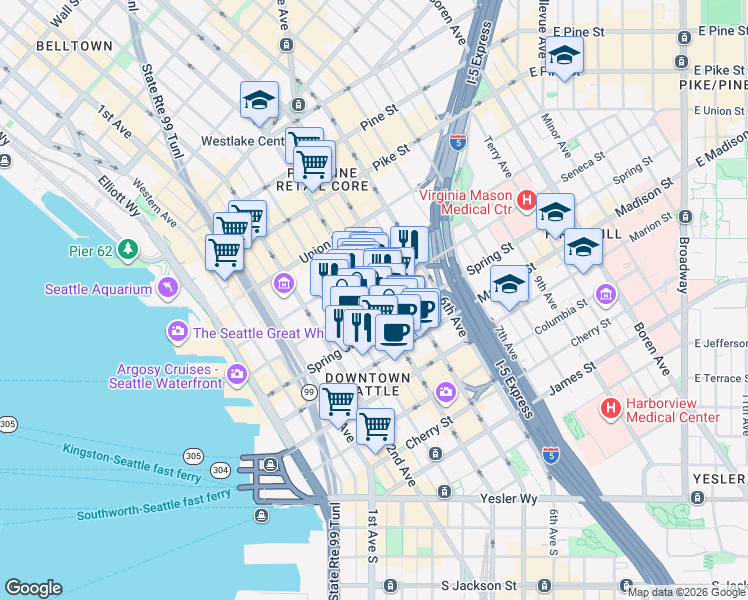 map of restaurants, bars, coffee shops, grocery stores, and more near in Seattle