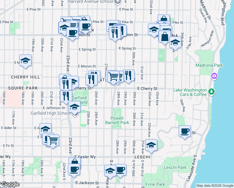 map of restaurants, bars, coffee shops, grocery stores, and more near 523 28th Avenue in Seattle