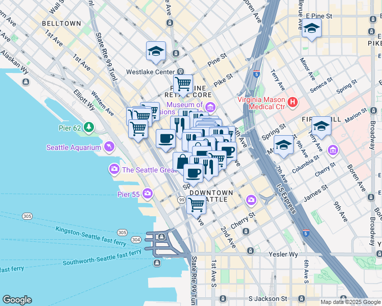 map of restaurants, bars, coffee shops, grocery stores, and more near in Seattle