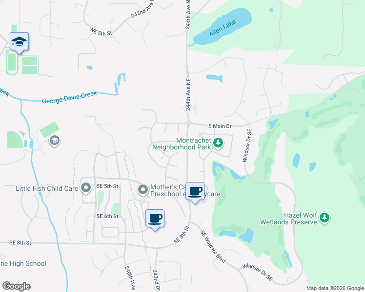 map of restaurants, bars, coffee shops, grocery stores, and more near 24275 Southeast 1st Place in Sammamish