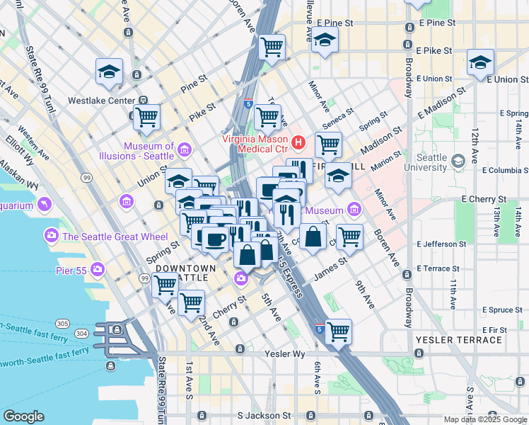 map of restaurants, bars, coffee shops, grocery stores, and more near Madison Street in Seattle