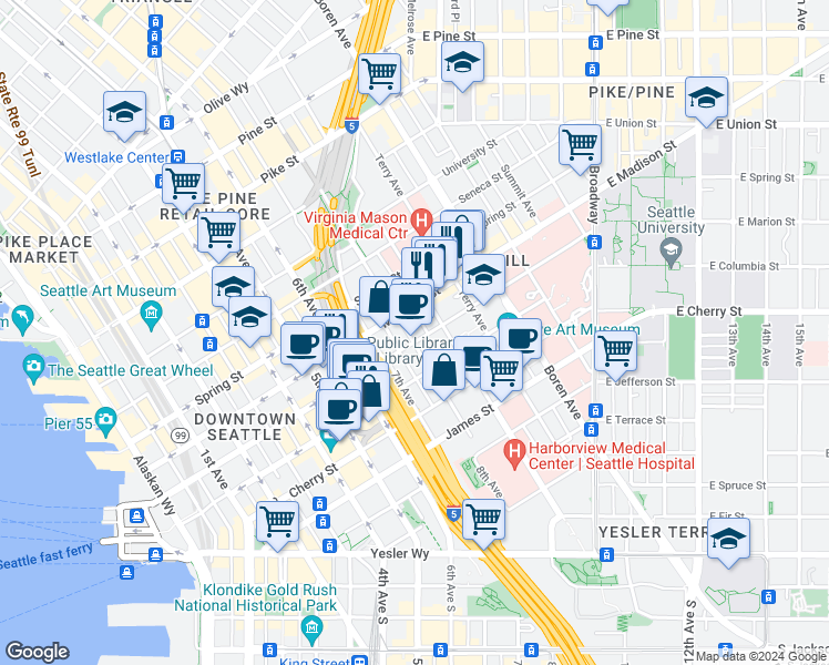 map of restaurants, bars, coffee shops, grocery stores, and more near 751 Marion Street in Seattle