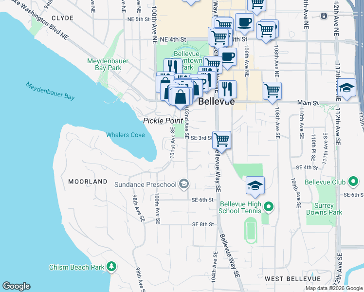 map of restaurants, bars, coffee shops, grocery stores, and more near 330 101st Avenue Southeast in Bellevue