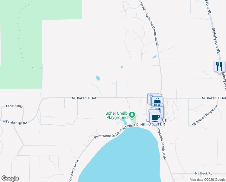 map of restaurants, bars, coffee shops, grocery stores, and more near 7302 Northeast Baker Hill Road in Bainbridge Island