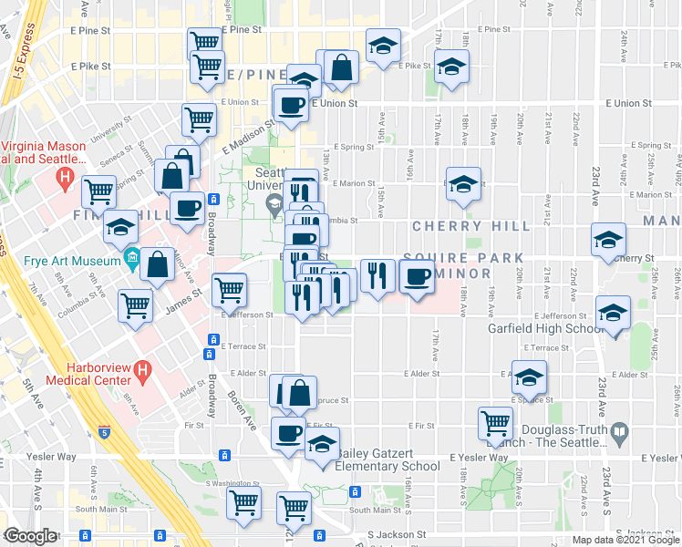 map of restaurants, bars, coffee shops, grocery stores, and more near 1323 East Cherry Street in Seattle