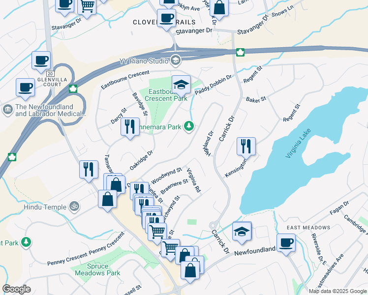 map of restaurants, bars, coffee shops, grocery stores, and more near 73 Highland Drive in St. John's