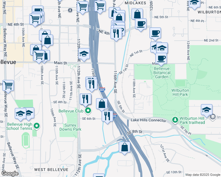 map of restaurants, bars, coffee shops, grocery stores, and more near 301 116th Avenue Southeast in Bellevue