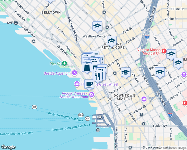 map of restaurants, bars, coffee shops, grocery stores, and more near 1319 Western Avenue in Seattle