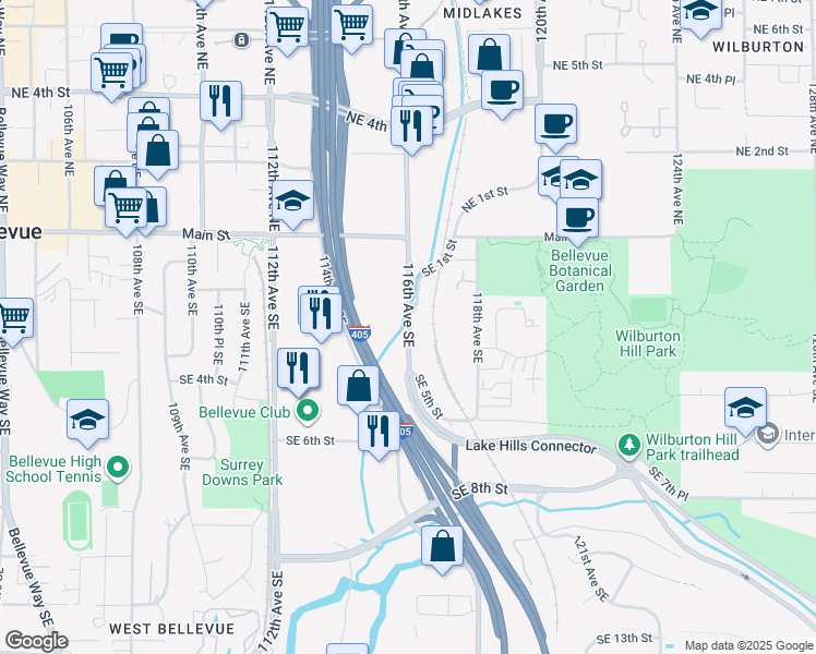 map of restaurants, bars, coffee shops, grocery stores, and more near 326 116th Avenue Southeast in Bellevue