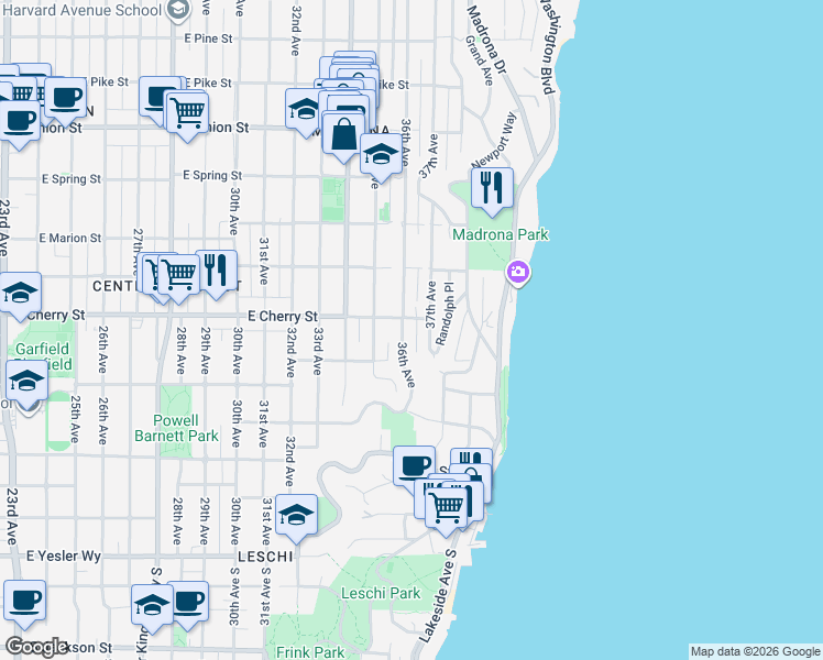 map of restaurants, bars, coffee shops, grocery stores, and more near 603 36th Avenue in Seattle