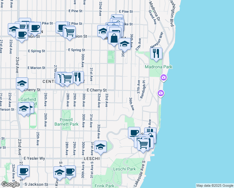 map of restaurants, bars, coffee shops, grocery stores, and more near 3406 East James Street in Seattle