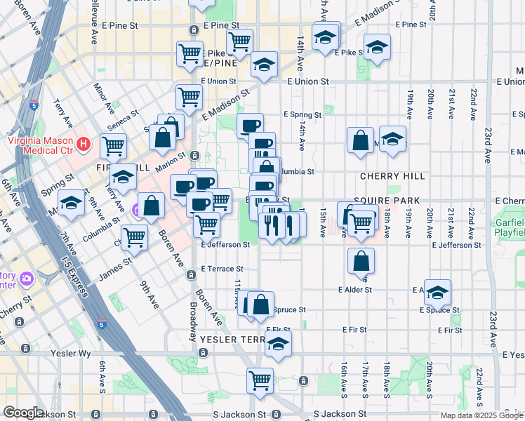 map of restaurants, bars, coffee shops, grocery stores, and more near 1212 East Barclay Court in Seattle