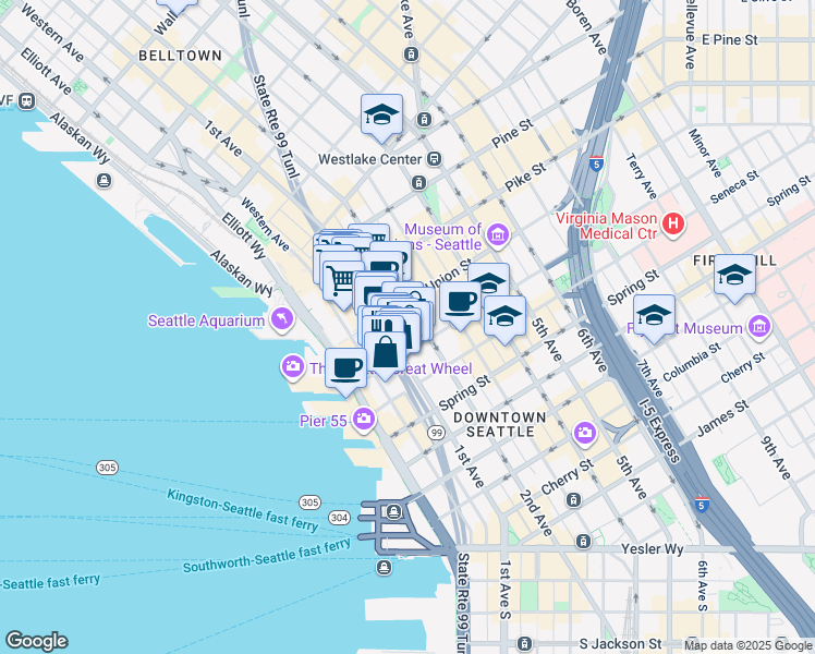map of restaurants, bars, coffee shops, grocery stores, and more near 1301 1st Avenue in Seattle