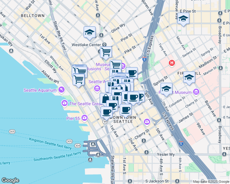 map of restaurants, bars, coffee shops, grocery stores, and more near 1218 3rd Avenue in Seattle